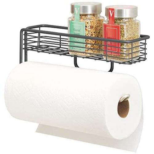 mDesign Wall Mount Metal Paper Towel Holder with Storage Shelf for Kitchen, Pantry, Laundry, Garage Organization - Shelf Holds Spice Bottles, Glass Jars, Oils and Vinegars - Graphite Gray