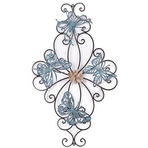 Adeco Flower and Butterfly Urban Design Metal Wall Decor for Nature Home Art Decoration & Kitchen Gifts - 26.5x15.5 Inches