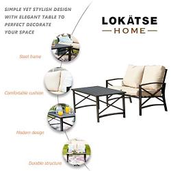 LOKATSE HOME 2 Pieces Patio Loveseat Metal Frame with Coffee Table Outdoor Bistro Furniture Set for Lawn Porch Garden Yard Poolside, Khaki