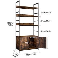 Homfa Industrial Bookcase with 2 Cabinets, 3-Tier Free Standing Open Shelf Display Storage Rack Shelves, 31L x 11.8W x 70.8H Inches Wood Look Accent Metal Frame Furniture for Home Office