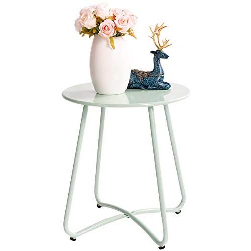 HollyHOME Small Round Patio Metal Side Snack Table, Accent Anti-Rust Steel Coffee Table for Garden, Modern Weatherproof Outdoor End Table, (H) 17.55'' x(D) 15.60'', Teal