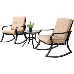 SOLAURA 3-Piece Outdoor Rocking Chairs Bistro Set, Black Steel Patio Furniture with Brown Thickened Cushion & Glass-Top Coffee Table