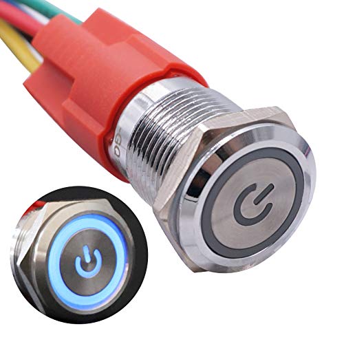 TWTADE 22mm Waterproof Latching Power Metal Push Button Switch 7/8 10A DC12V Stainless Steel Shell (Blue) LED Ring Switch 1NO 1NC with Wire Socket Plug YG-GQ22AF-D-L-B