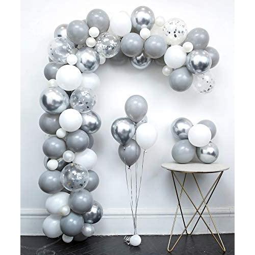 Light Grey Metallic Silver White Balloon Garland Arch Kit 110Pcs Chrome Confetti,Tying Tools+Decorating Strip+Points Stickers+Flower Clips+Ribbon DIY Wedding Decoration Kits Birthday Party