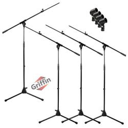 Tripod Microphone Boom Stand with Mic Clip Adapter (Pack of 4) by GRIFFIN | Adjustable Holder Mount For Studio Recording Accessories, Singing Vocal Karaoke, Live Stage | Folding Legs & Telescoping Arm