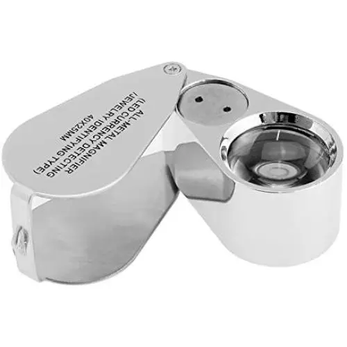 40X Illuminated Jeweler LED UV Lens Loupe Magnifier with Metal Construction and Optical Glass, with Kare and Kind Retail Package (40X x 25 mm, Silver) 40X Illuminated Jeweler LED UV Lens Loupe Magnifier with Metal Construction and Optical Glass, with Kare and Kind Retail Package (40X x 25 mm, Silver)
