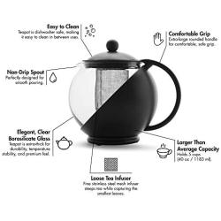 Primula Half Moon Teapot with Removable Infuser, Borosilicate Glass Tea Maker, Stainless Steel Filter, Dishwasher Safe, 40-Ounce, Black