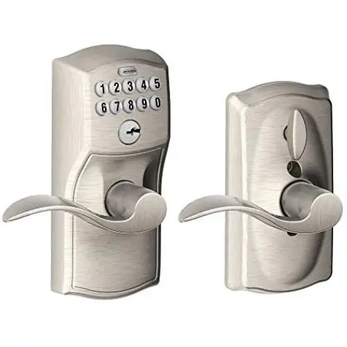 Schlage, Satin Nickel FE595VCAM619ACC Camelot Keypad Entry with Flex-Lock and Accent Levers Schlage, Satin Nickel FE595VCAM619ACC Camelot Keypad Entry with Flex-Lock and Accent Levers