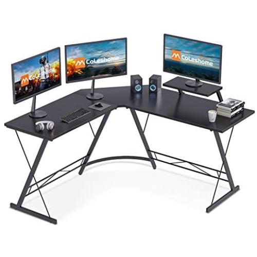 Coleshome L Shaped Desk, 51'' Home Office Corner Desk with Shelf, Gaming Computer Desk with Monitor Stand, PC Table Workstation with Shelf, Black