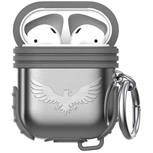 Lauzq Metal Airpods Case,Hard Case Cover Full Protective Skin Cover Shockproof Compatible Airpods 1&2 Charging Case(Not for Wireless Charging),Dual-Layer Silicone & Anti-Lost Keychain