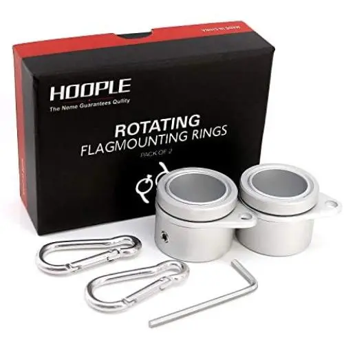 HOOPLE Aluminum Alloy Flagpole Mounting Rings Set for 1 inch Pole Hooks Replacement, Well Packed, 360 Degree Rotating Tangle Free with Carabiners, Spinning Flag Pole Clips Kit (Silver Pack of 2)