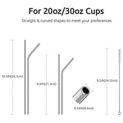 Stainless Steel Straws, U-Taste Metal Drinking Straws Reusable Extra Long with Storage Bag for 20oz 30oz Tumbler Cups Mugs Set of 8 (4 Bent + 4 Straight + 2 Cleaning Brush, Silver)