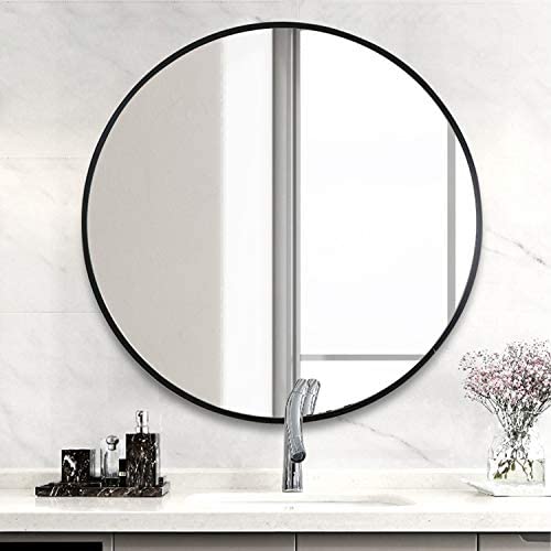 LYNSLIM 32” Black Metal Frame Round Vanity Mirror - Decorative Wall Mirror for Bedroom Bathroom Washroom Living Room Entrance Mirror (Black, 32in)