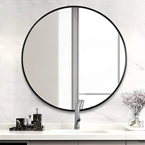 LYNSLIM 32” Black Metal Frame Round Vanity Mirror - Decorative Wall Mirror for Bedroom Bathroom Washroom Living Room Entrance Mirror (Black, 32in) LYNSLIM 32” Black Metal Frame Round Vanity Mirror - Decorative Wall Mirror for Bedroom Bathroom Washroom Living Room Entrance Mirror (Black, 32in)