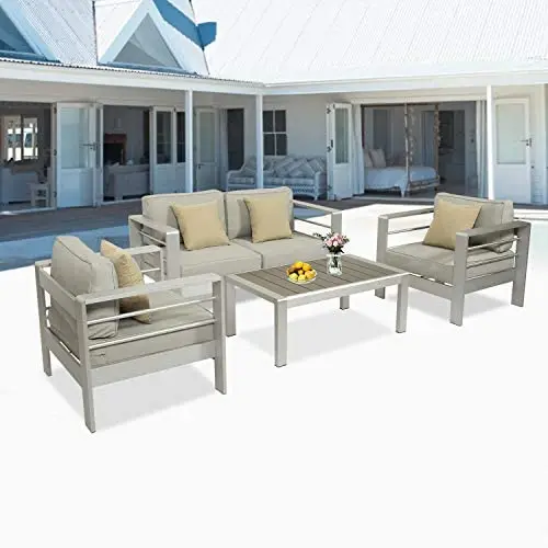 Kinsunny 4pcs Outdoor Sectional Sofa Set Aluminum Patio Furniture Shore Conversation Armrest Set with Side Table and Cushions for Backyard Outside