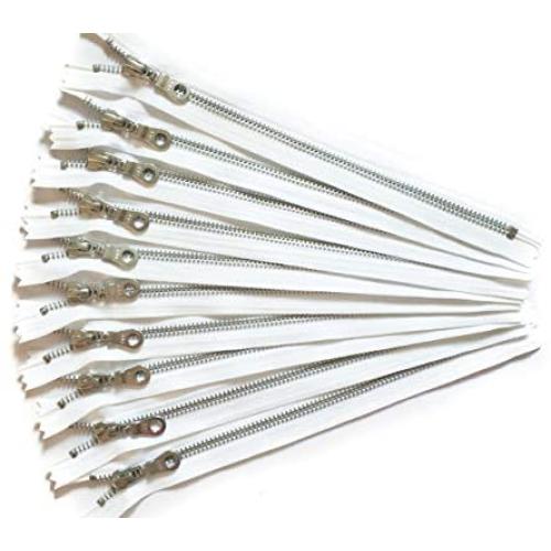 YKK Aluminum Metal Zippers in White with Donut Pulls 14 Inch Number 5 Silver Teeth Set of 12 Pieces by Craftbot