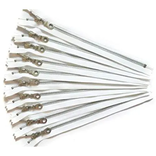 YKK Aluminum Metal Zippers in White with Donut Pulls 14 Inch Number 5 Silver Teeth Set of 12 Pieces by Craftbot