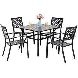 PHI VILLA 5 Piece Patio Armrest Dining Chairs and Larger Square Table Set