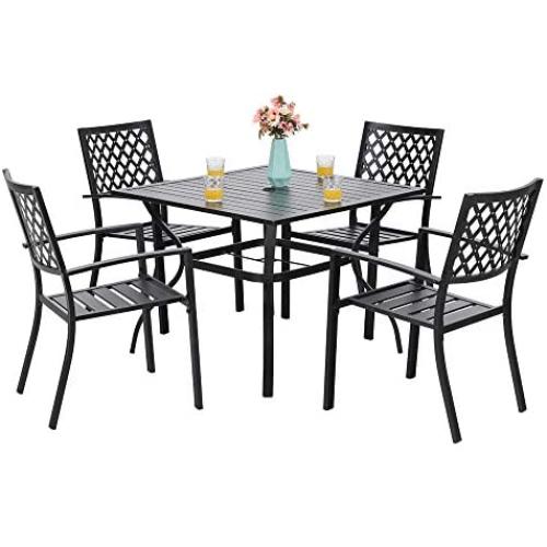 PHI VILLA 5 Piece Patio Armrest Dining Chairs and Larger Square Table Set