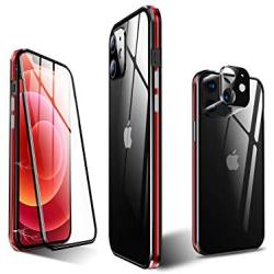 KumWum Full Body Magnetic Case for iPhone 12 Front and Back Tempered Glass Aluminum Bumper Double Sided Clear Cover Built in Camera Lens Protector, Black + Red