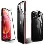 KumWum Full Body Magnetic Case for iPhone 12 Mini Front and Back Tempered Glass Aluminum Bumper Double Sided Clear Cover Built in Camera Lens Protector, Black + Red