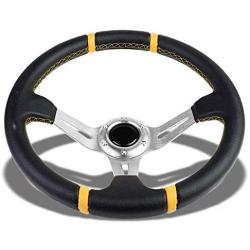 Black Leather/Silver 3 Spokes/Yellow Stitch and Stripe 3.50'' Deep Dish 70mm 6-Bolt Pattern 320mm (12.60'' Inches) Steering Wheel