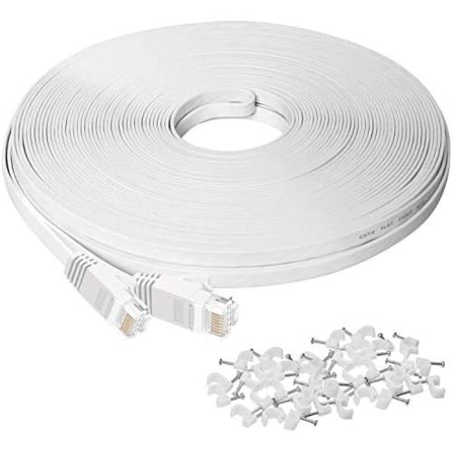 Ethernet Cable 100 ft, Cat6 Flat Internet Cable,Extra Long LAN Network Cable Patch Cord with Clips with Snagless Rj45 Connectors, Silm High Speed Computer Wire, Faster Than Cat5 5e Cables,White