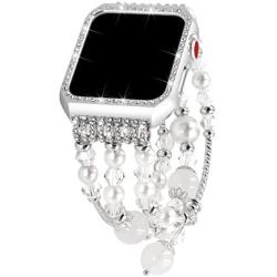 Falandi Replacement for Apple Watch Band 38mm, Glittering Diamond Metal Silver Case Handmade Elastic Stretch Bracelet Fashion Women Girls Rhinestone Strap for iWatch Series 3/2 / 1 (M, White-38mm)