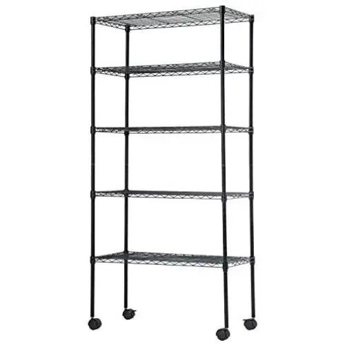 14D x 30W x 60H 5-Tier Wire Shelving Unit Steel Large Metal Shelf Organizer Garage Storage Shelves Heavy Duty NSF Height Adjustable Commercial Grade Utility Storage Metal Rack on Wheels Black