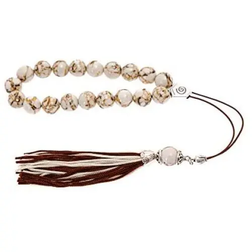 White Onyx with Brown Patterns Gemstone, Handmade Greek Worry Beads or Komboloi, Alpaca Metal Parts on a Pure Silk Cord & Tassel White Onyx with Brown Patterns Gemstone, Handmade Greek Worry Beads or Komboloi, Alpaca Metal Parts on a Pure Silk Cord & Tassel