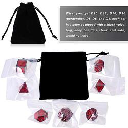 Bememo Polyhedral Metal Dices Set Zinc Alloy with Enamel Solid Metal for DND Game, Tabletop RPG, Dungeons and Dragons, Math Teaching, 7 Pieces Dice Set with Black Velvet Bag (Black Nickel Red)