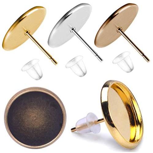 BronaGrand 30 Pieces Stainless Steel Stud Earring Cabochon Setting Post Cup for 12mm and 30 Pieces Clear Rubber Earring Safety Backs