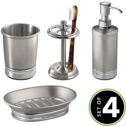 mDesign Metal Bathroom Vanity Countertop Accessory Set - Includes Refillable Soap Dispenser, Divided Toothbrush Stand, Tumbler Rinsing Cup, Soap Dish - 4 Pieces - Brushed Stainless Steel