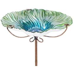 VCUTEKA Outdoor Bird Bath Glass Birdbath Garden Bird Feeder with Metal Stake (Green)