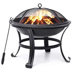 KINGSO Fire Pit, 22 Fire Pits Outdoor Wood Burning Steel BBQ Grill Firepit Bowl with Mesh Spark Screen Cover Log Grate Wood Fire Poker for Camping Picnic Bonfire Patio Backyard Garden Beaches Park