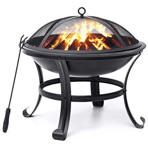 KINGSO Fire Pit, 22 Fire Pits Outdoor Wood Burning Steel BBQ Grill Firepit Bowl with Mesh Spark Screen Cover Log Grate Wood Fire Poker for Camping Picnic Bonfire Patio Backyard Garden Beaches Park