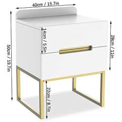 ZZBIQS Wood Nightstand Bedside Table with 2 White Drawers for Storage, Modern Side End Table with Metal Frame Leg for Living Room Bedroom Office Home Furniture (White/Gold)