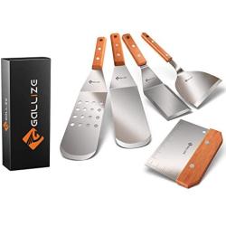 Gallize Metal Spatula Griddle Accessories Kit - Set of 5 High Grade Stainless Steel Grill Spatulas for BBQ and Cooking with Improved Quality Wooden Handles