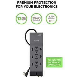 Belkin 12-Outlet Power Strip Surge Protector, 8ft Cord(3,940 Joules), Gray