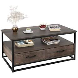 HOMECHO Industrial Coffee Table 43”, Wood and Metal Cocktail Table with Storage Shelf and 2 Drawers for Living Room, Rustic Brown