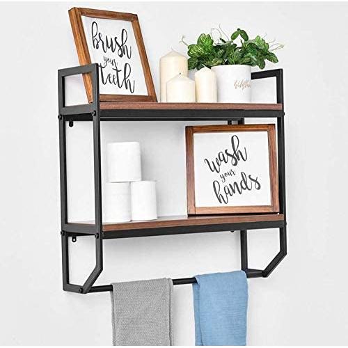 Bathroom Shelves Rustic Wall Shelf with Metal Wall Mounted Wood Shelving,Floating Shelves Towel Rack Storage Shelf Rack(2-Tier) (Black Bracket & Brown Shelves)