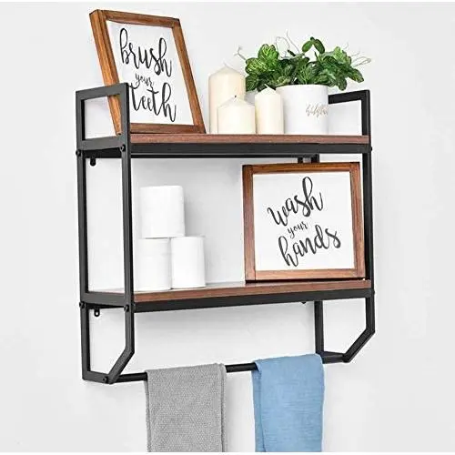 Bathroom Shelves Rustic Wall Shelf with Metal Wall Mounted Wood Shelving,Floating Shelves Towel Rack Storage Shelf Rack(2-Tier) (Black Bracket & Brown Shelves) Bathroom Shelves Rustic Wall Shelf with Metal Wall Mounted Wood Shelving,Floating Shelves Towel Rack Storage Shelf Rack(2-Tier) (Black Bracket & Brown Shelves)