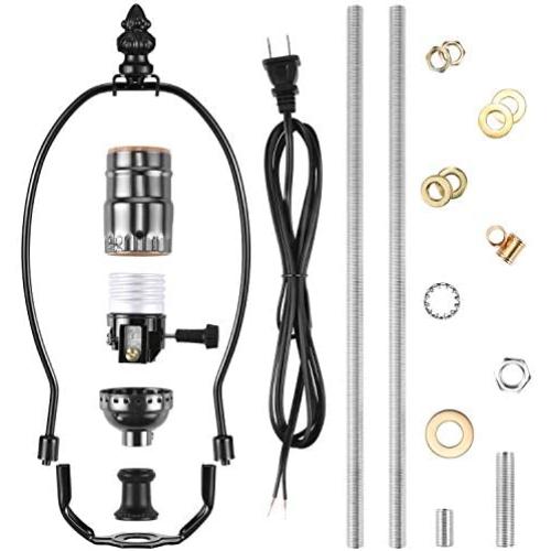 Canomo Black Finish Make-A-Lamp Kit 3-Way with 8 Inch Harp, 2 Pieces 12'' Lamp Pipe, and All Parts Needed and Instructions for DIY Lamp Design or Repair…