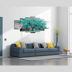 Visual Art Decor XLarge 7 Pieces Canvas Wall Art Teal Green Tree Landscape Black and White Picture Prints Framed and Stretched Painting Wall Decoration for Modern Living Room Office