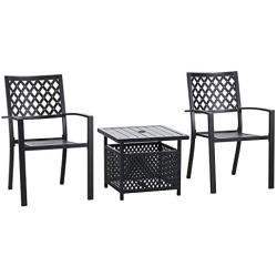 PHI VILLA Outdoor Metal Bistro Side Dining Chair and Umbrella Base Table Outdoor Metal Steel Furniture Set of 3