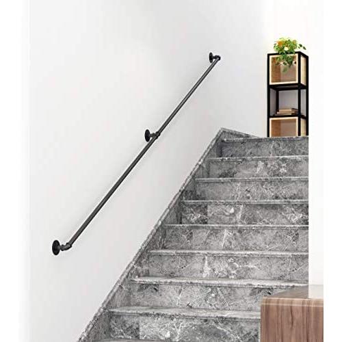 DIYHD 6.6FT Stair Black Pipe Handrail with 3 Wall Mount Supports,Rustic Black,Round Corner Style