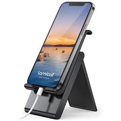 Lamicall Adjustable Cell Phone Stand - Foldable Portable Holder Cradle for Desk, Desktop Charging Dock Compatible with Phone 12 Mini 11 Pro XS Max XR X 8 7 6S Plus Galaxy S10 S9 S8 Smartphones Black