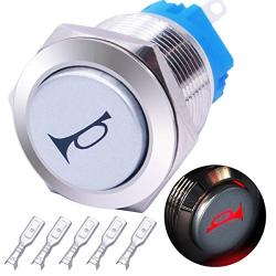 mxuteuk 16mm High Round Cap Horn Button Switch Car Motorcycle Boat Speaker Momentary Push Button Switch Metal Toggle Switch On/Off with Cold Pressed Terminal Connector, 12v Red LED Light G16LB-R-5DZ