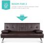 Best Choice Products Faux Leather Upholstered Modern Convertible Folding Futon Sofa Bed for Compact Living Space, Apartment, Dorm, Bonus Room w/Removable Armrests, Metal Legs, 2 Cupholders - Brown