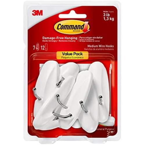 Command Wire Hooks Value Pack, Medium, White, 7-Hooks (17068-7ES), Organize Damage-Free